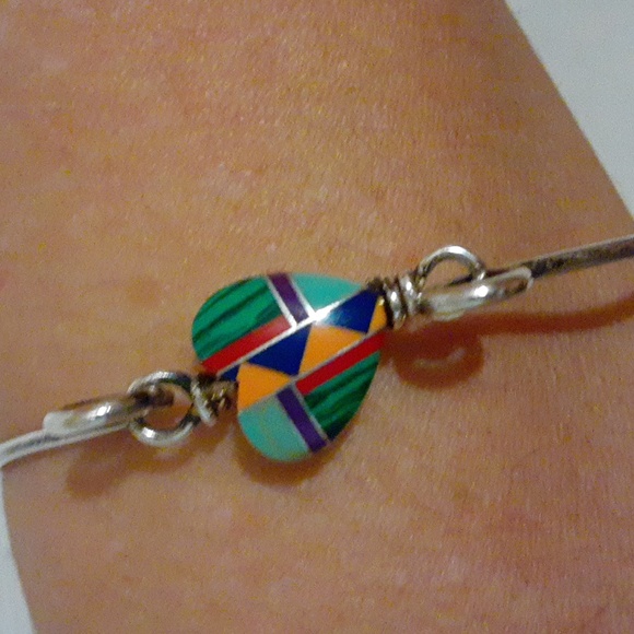 Navajo Multi Gemstone Inlay Heart Bangle SS925 - Picture 5 of 6